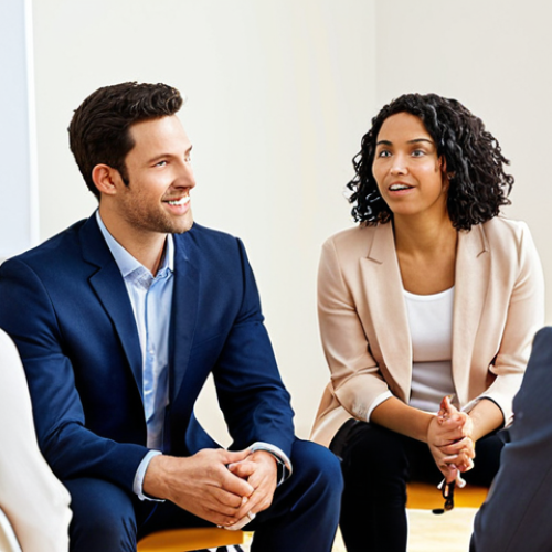 **Image:** A diverse group of people in a leadership coaching training session. Focus on engagement, active listening, and interaction.

    **Prompt:** Diverse people in leadership coaching session, active listening, engagement, interaction, bright and professional environment.
