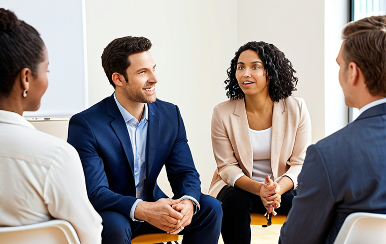 **Image:** A diverse group of people in a leadership coaching training session. Focus on engagement, active listening, and interaction.

    **Prompt:** Diverse people in leadership coaching session, active listening, engagement, interaction, bright and professional environment.