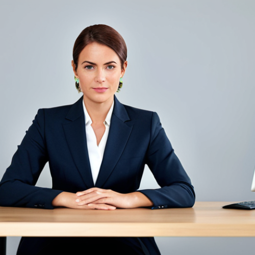 ** A confident woman in a professional business suit, sitting at a modern office desk, fully clothed, appropriate attire, safe for work, perfect anatomy, natural proportions, professional photography, high quality.

**