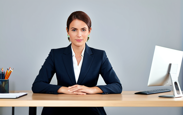 ** A confident woman in a professional business suit, sitting at a modern office desk, fully clothed, appropriate attire, safe for work, perfect anatomy, natural proportions, professional photography, high quality.

**