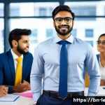 리더십 코치가 되는 방법 - A confident Bengali leadership coach standing in a modern office environment, wearing professional b...