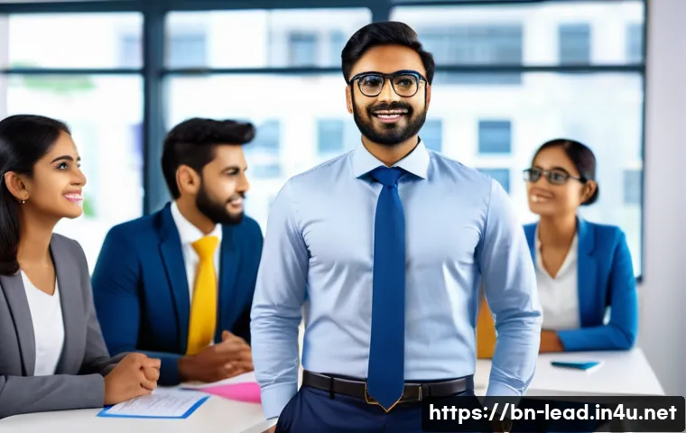 리더십 코치가 되는 방법 - A confident Bengali leadership coach standing in a modern office environment, wearing professional b...
