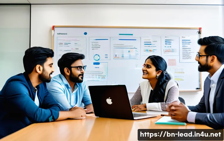 업무 사례 분석 - A detailed office scene showing a diverse Bengali project team in a modern meeting room, engaged in ...