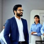 리더십 코칭에서의 커뮤니케이션 기술 - A confident Bengali male team leader standing in front of a diverse group of professionals in a mode...