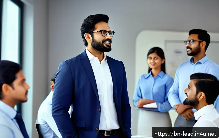 리더십 코칭에서의 커뮤니케이션 기술 - A confident Bengali male team leader standing in front of a diverse group of professionals in a mode...
