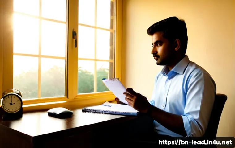 Home 17 자기 리더십 발전 방법 - Photorealistic Bangladeshi professional seated at a clean home office desk at sunrise, thoughtfully ...