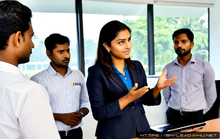 직장에서의 리더십 기술 - Photorealistic modern office meeting in Bangladesh, confident Bengali woman team leader standing bes...